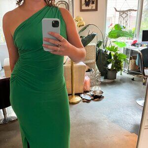 Lauren Ralph Lauren Emerald Grecian Evening Gown with Embellished Brooch